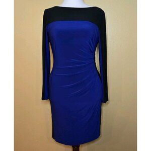 Chaps Pullover Shift Dress Womens Medium Ruched Front Long Sleeve Black Blue